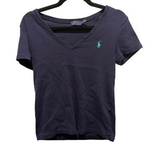 Polo Ralph Lauren Womens Navy Blue V-Neck T-Shirt Teal Pony Logo Large
